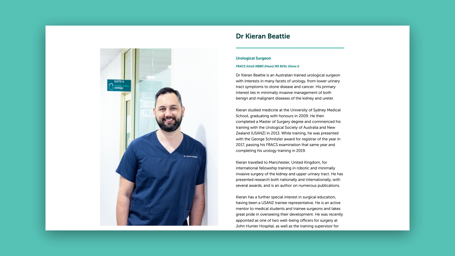 Website surgeon profile page with a portrait and biography