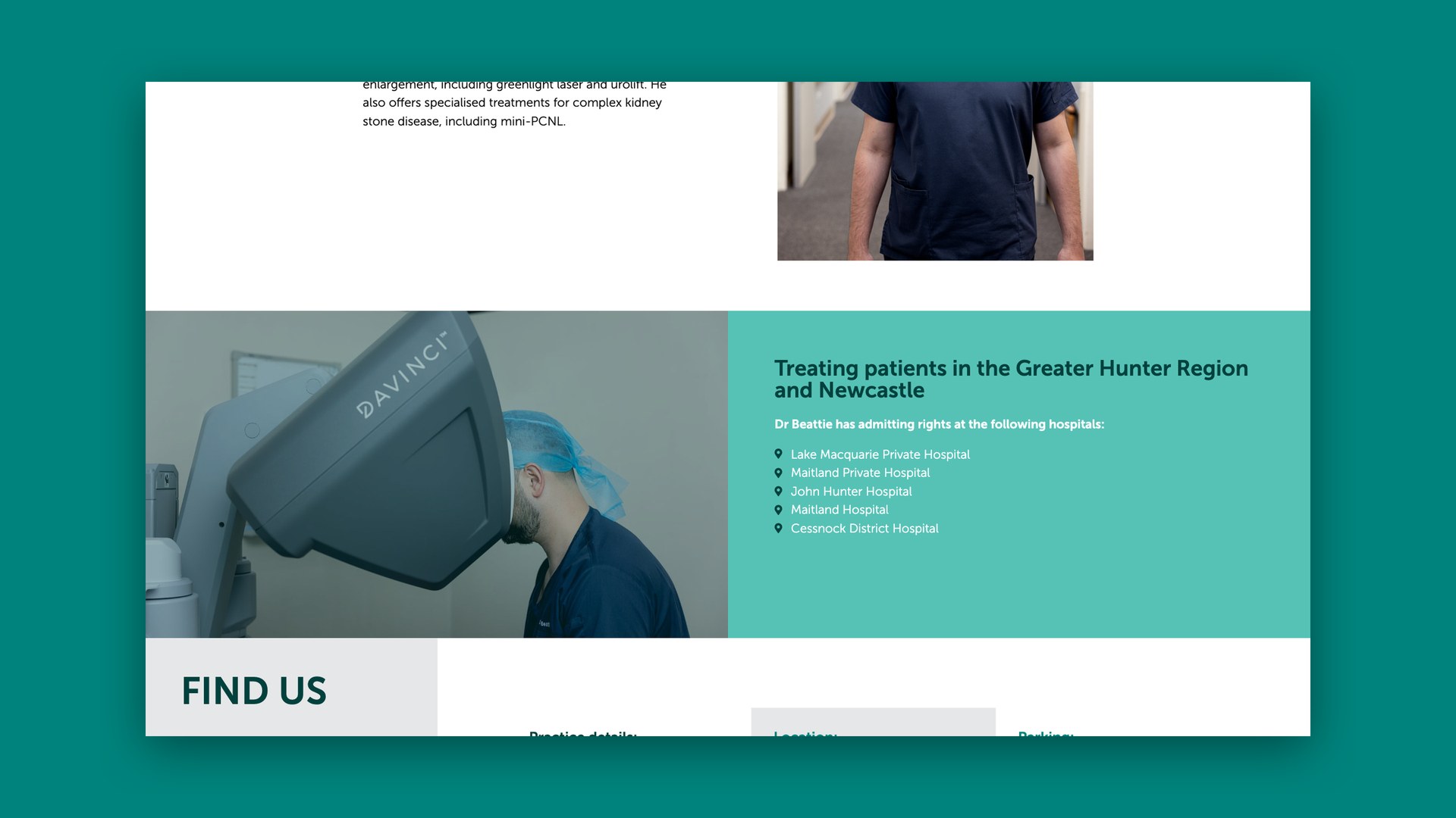 Hunter Valley Urology website section on treating patients across the Greater Hunter Region