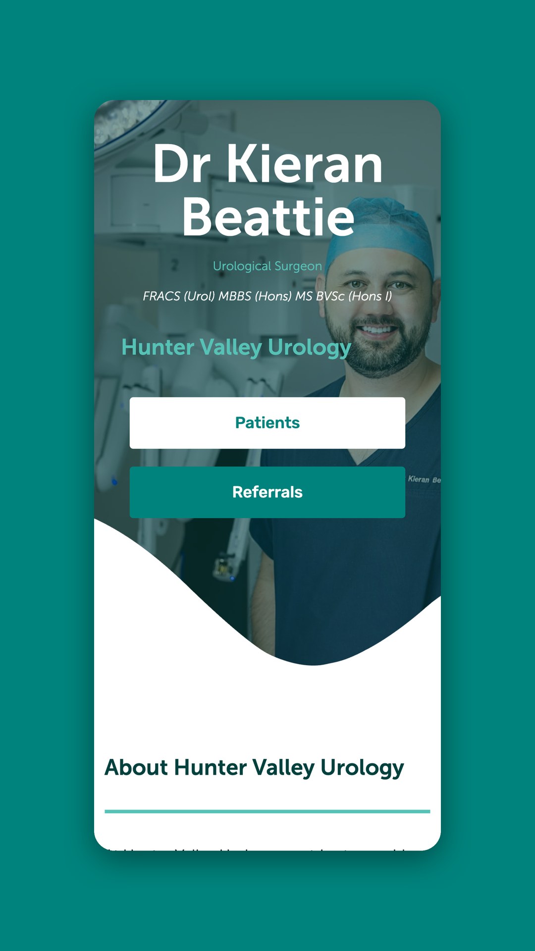 Hunter Valley Urology mobile homepage with Patients and Referrals buttons