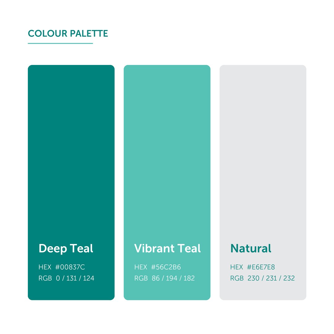 Colour palette of deep teal, vibrant teal and natural grey