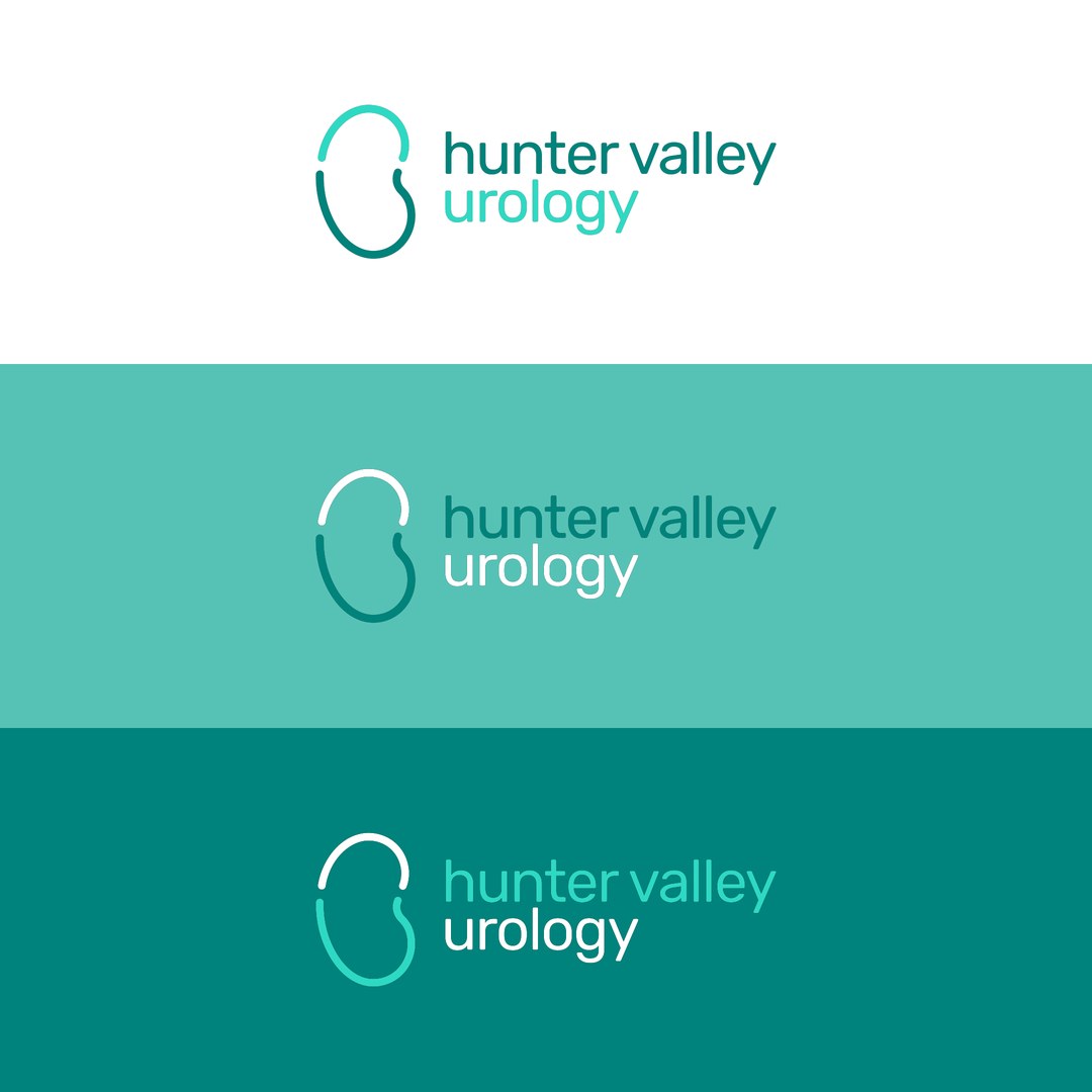 Hunter valley urology logo on white, light teal and deep teal backgrounds