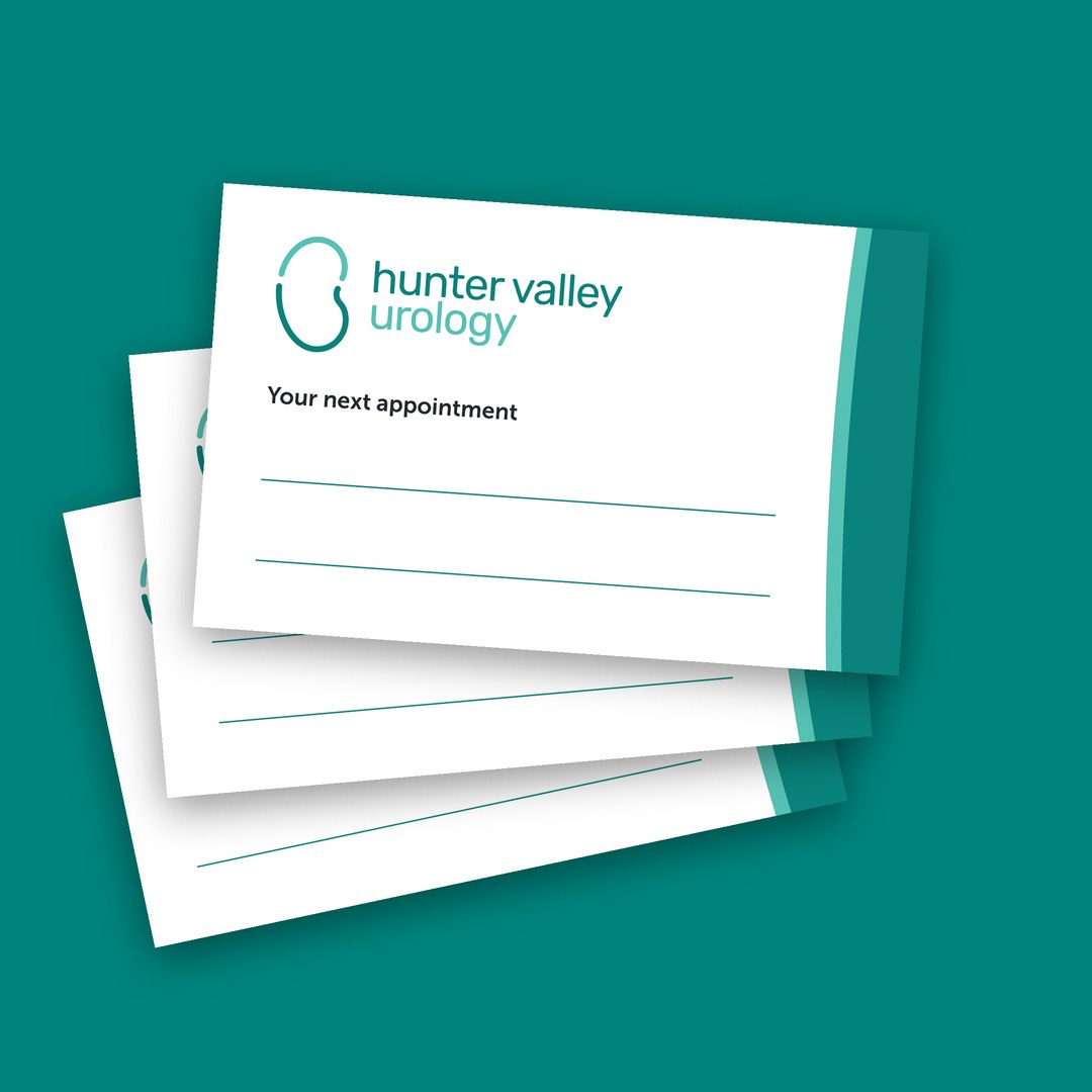 Hunter Valley Urology appointment cards in teal and white