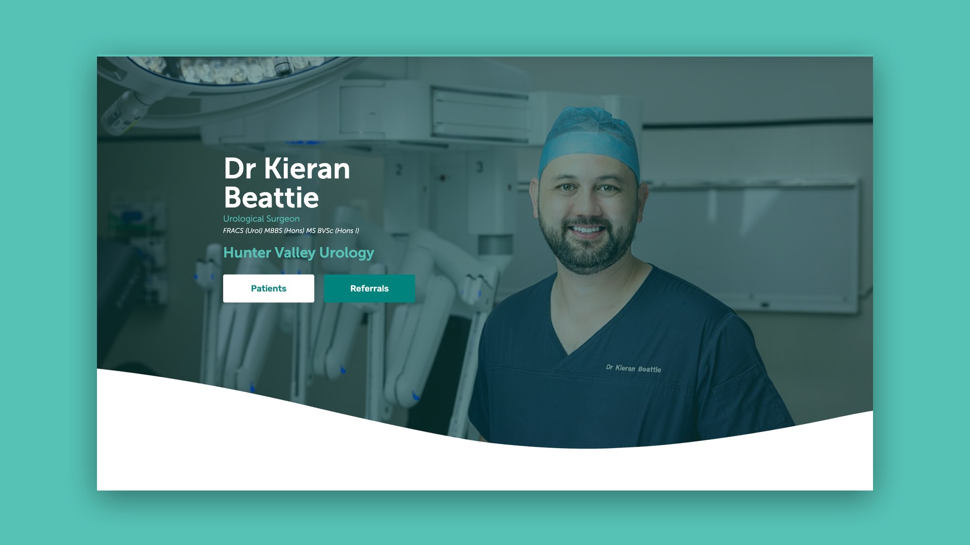 Hunter Valley Urology website homepage with a surgeon in scrubs and Patients and Referrals buttons