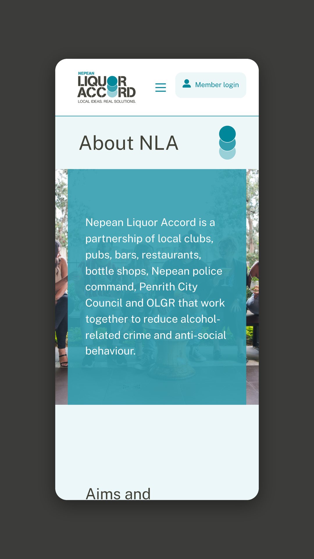 Mobile view of the About NLA page over a photo of a bar