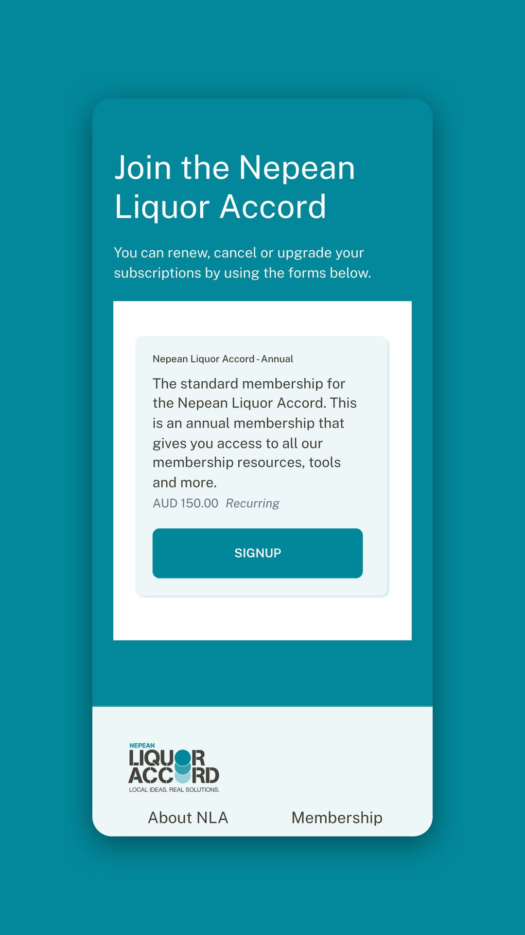 Mobile view of the Join the Nepean Liquor Accord subscription page