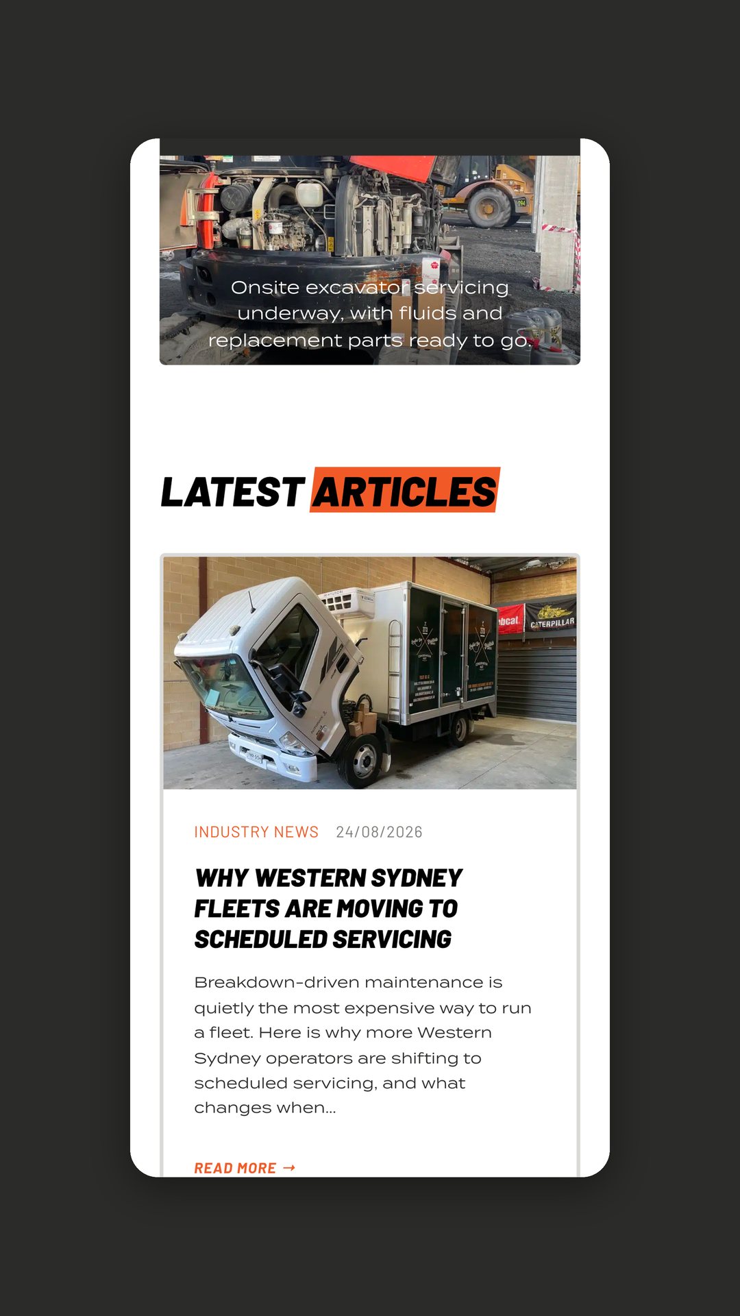 OutWest Trucks & Machinery mobile page with an insights article on scheduled servicing