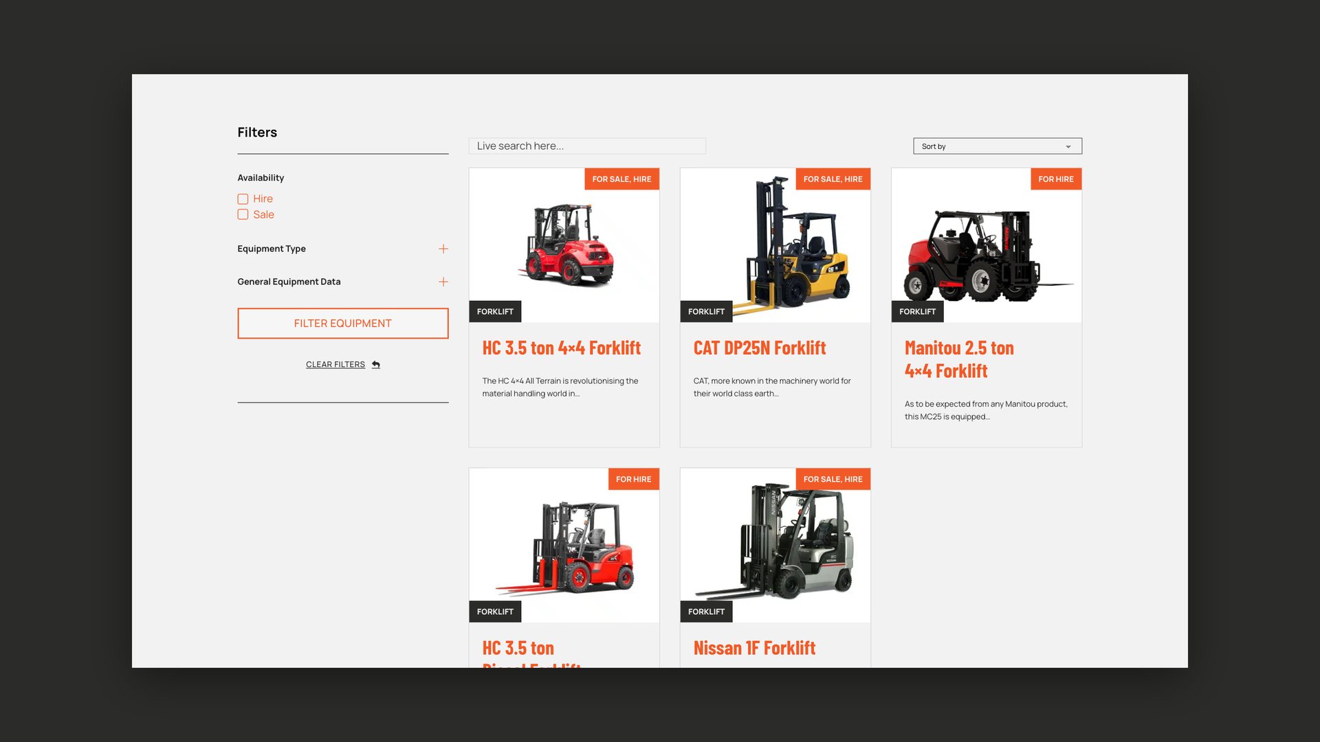 OutWest Equipment Hire website equipment catalogue with filters and a grid of forklifts