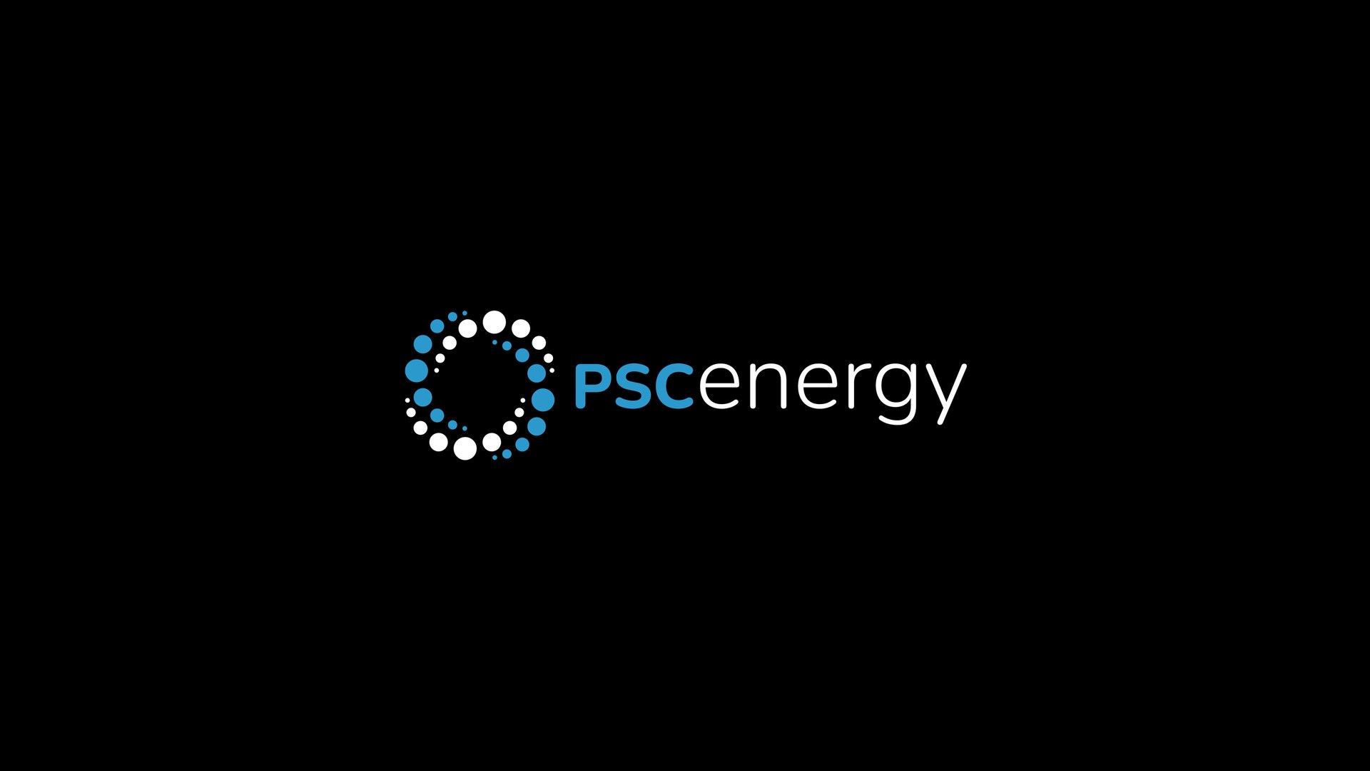 Penrith Solar Centre logo, a ring of blue dots beside the lettering PSC energy, on black