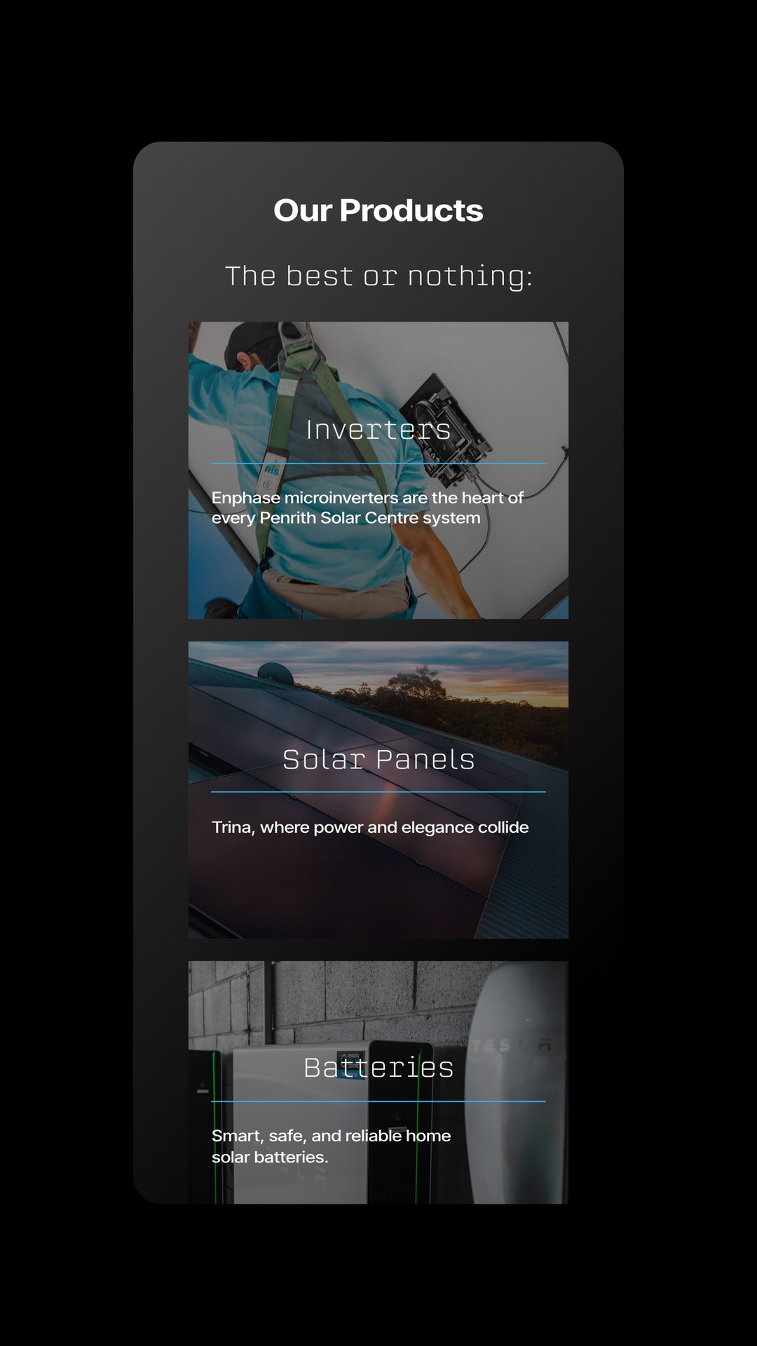 Mobile view of the products page covering inverters, solar panels and batteries