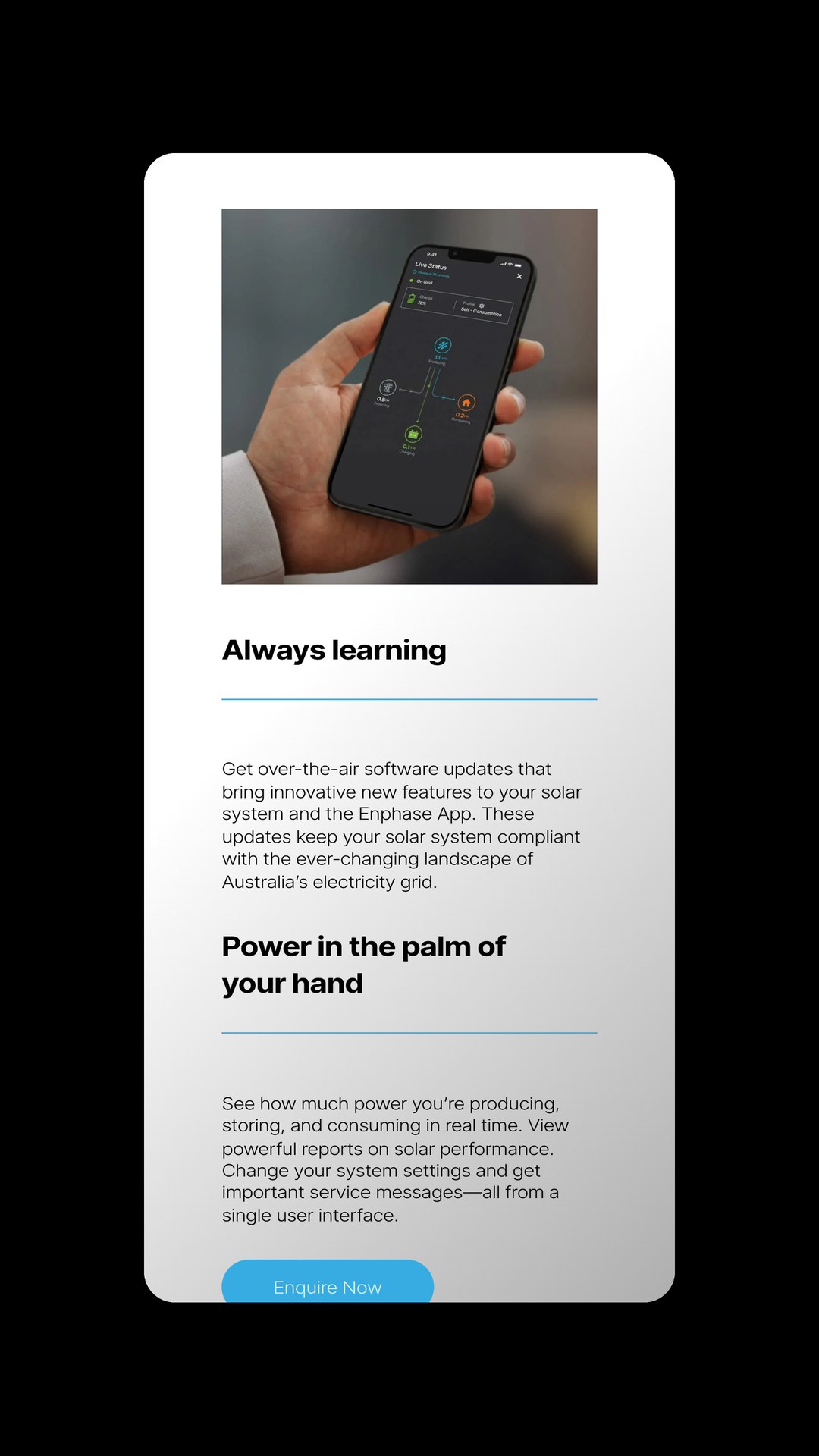 Penrith Solar Centre mobile page for the monitoring app, with a phone showing system data