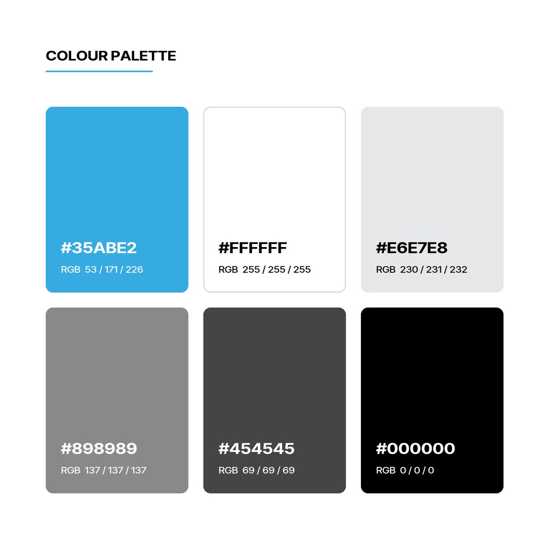 Colour palette of blue, white and greys