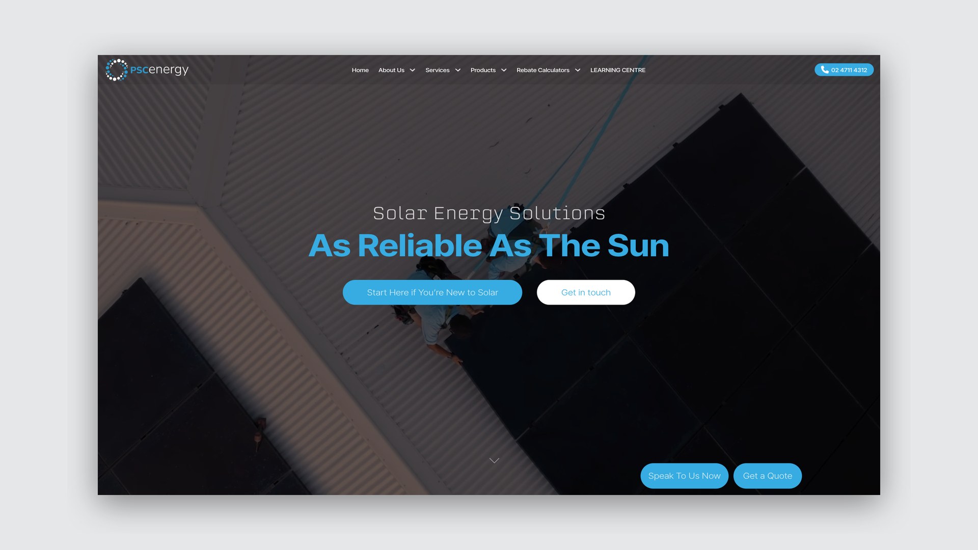Penrith Solar Centre website, homepage hero over solar panels