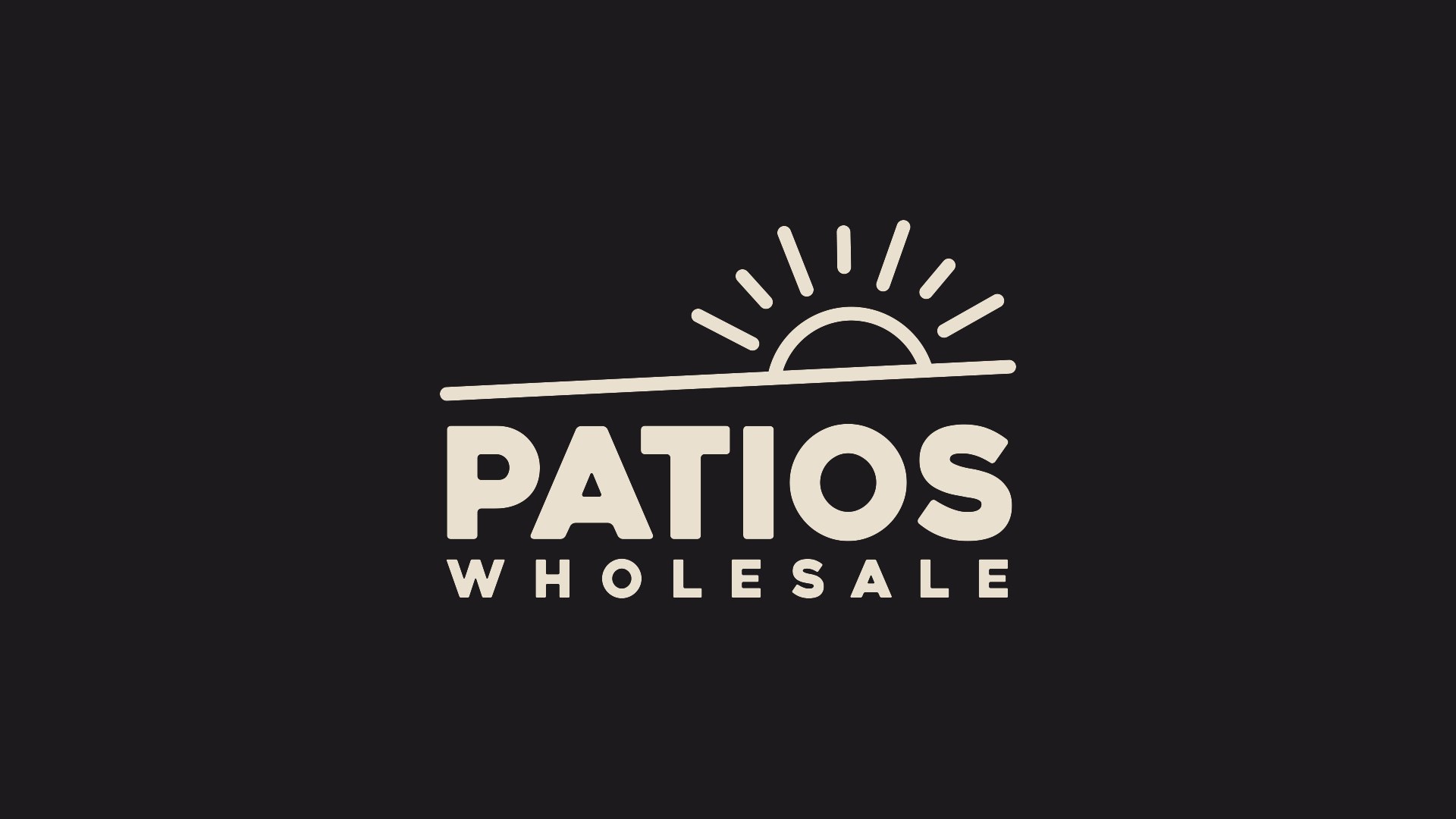 Patios Wholesale logo, a sun rising over a horizon line above cream lettering, on black
