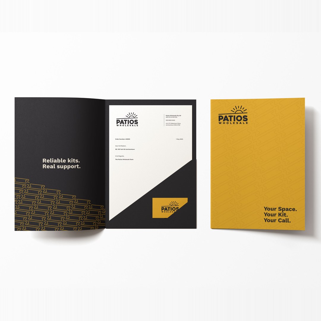 Folder, letterhead and a yellow card with the Patios Wholesale taglines