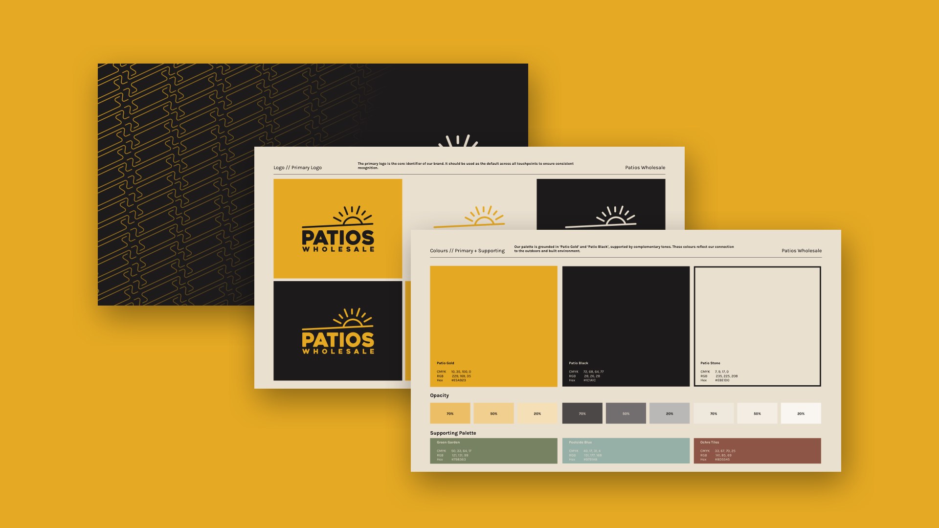 Brand guide pages on a yellow background