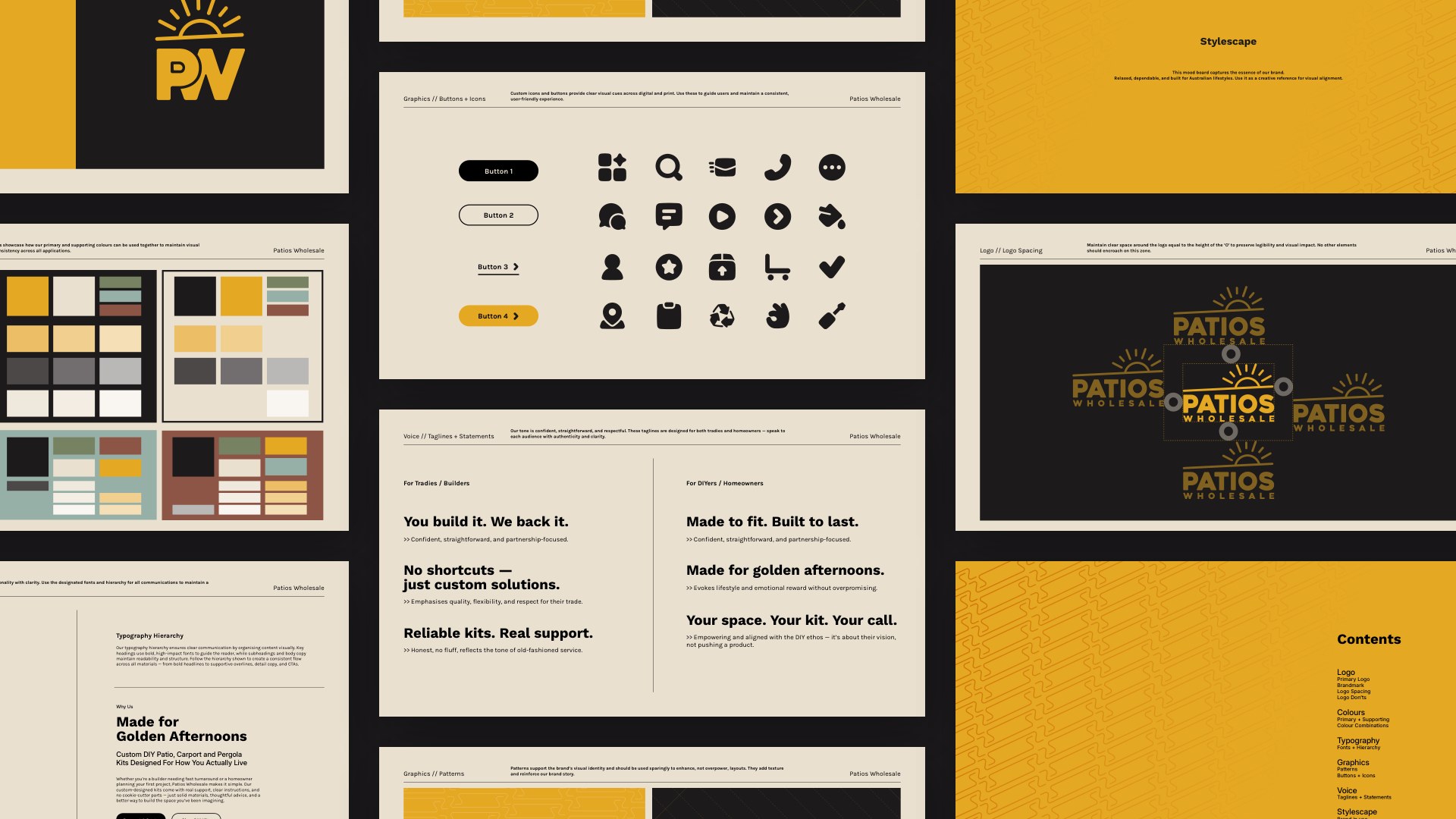 Brand guide spreads with the colour palette, icons, patterns and voice lines