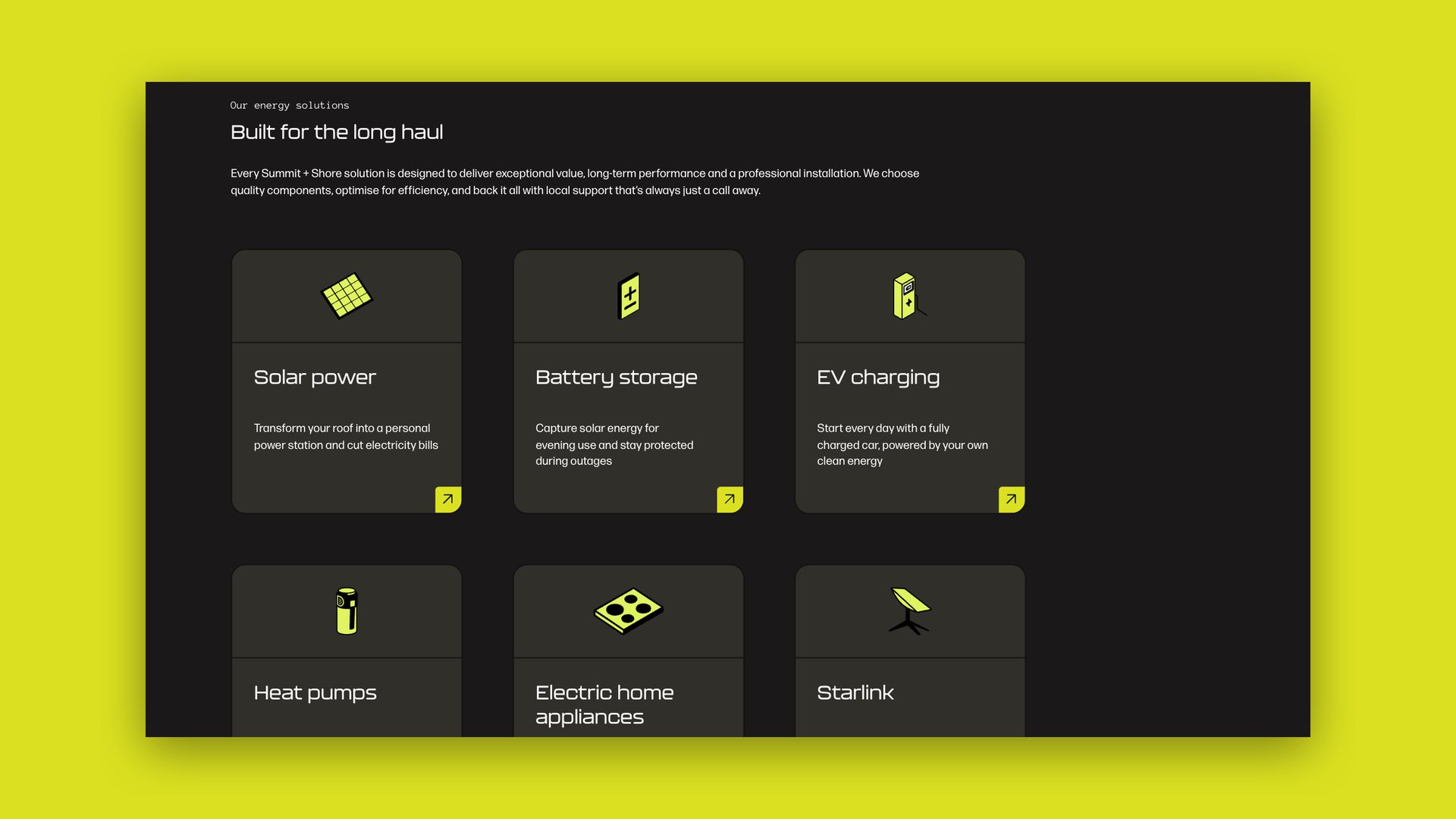 Website page headed Built for the long haul, showing solar power, battery storage, EV charging and other services