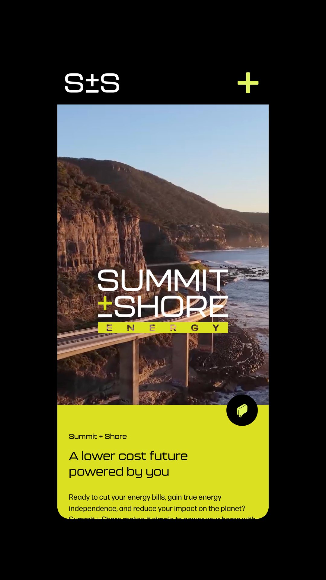 Mobile view of the homepage with a coastal bridge photo and the line A lower cost future powered by you