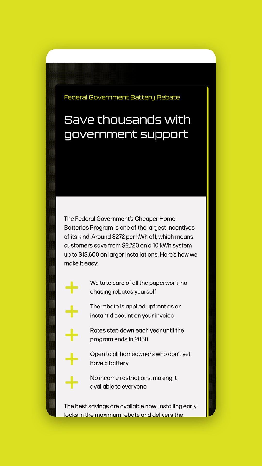 Mobile view of the government battery rebate page, headed Save thousands with government support