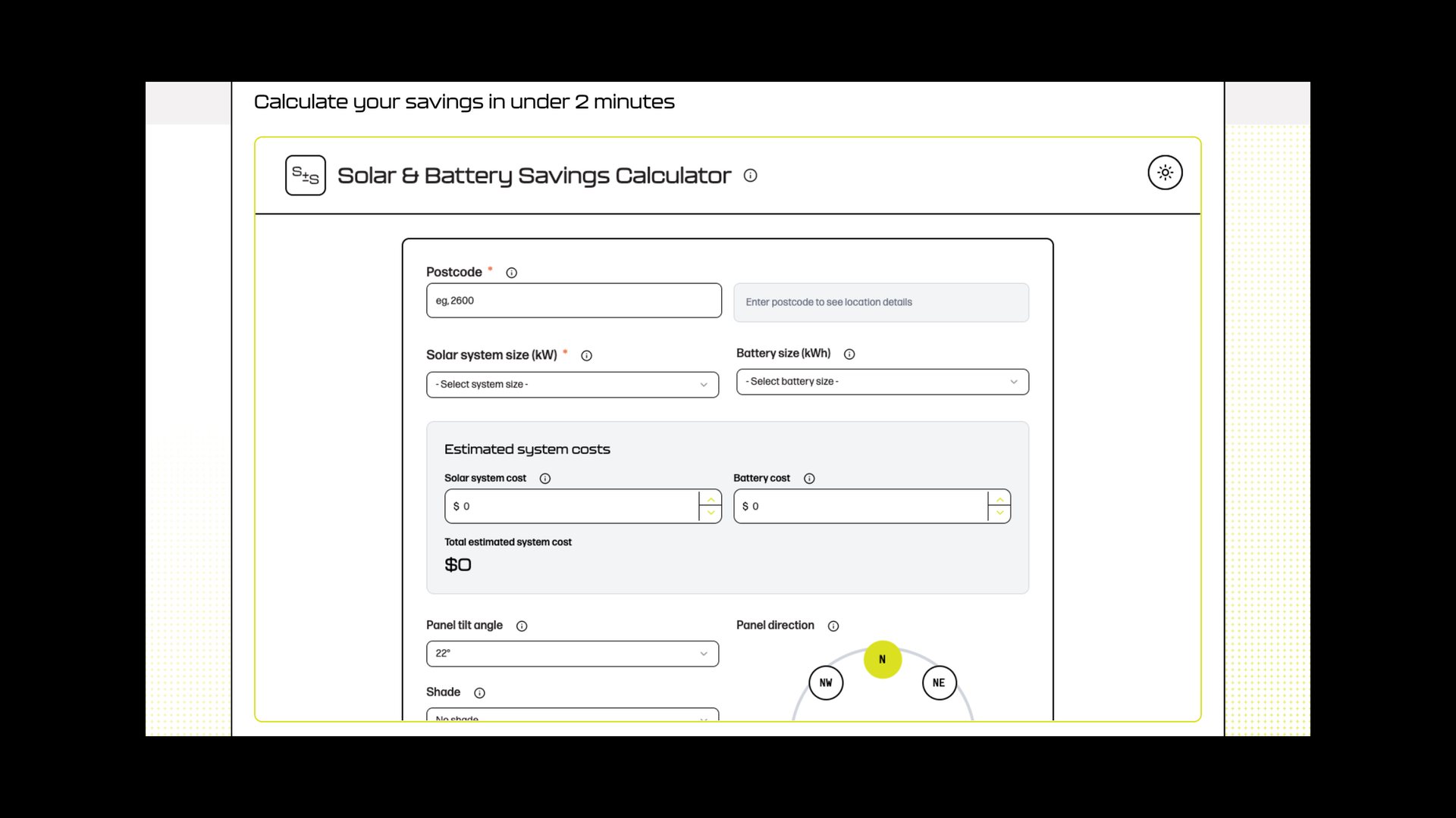 Website solar and battery savings calculator on desktop