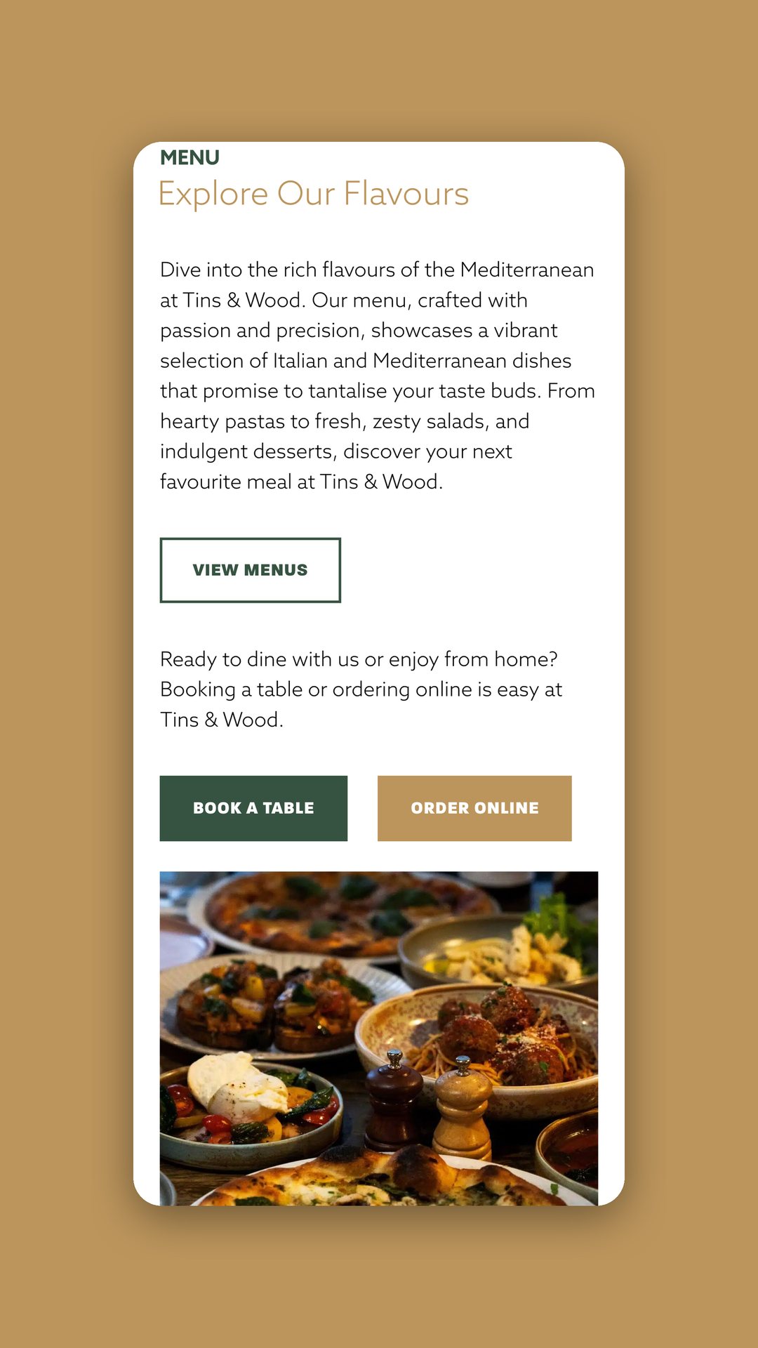 Tins & Wood mobile menu page with a food photo and booking buttons