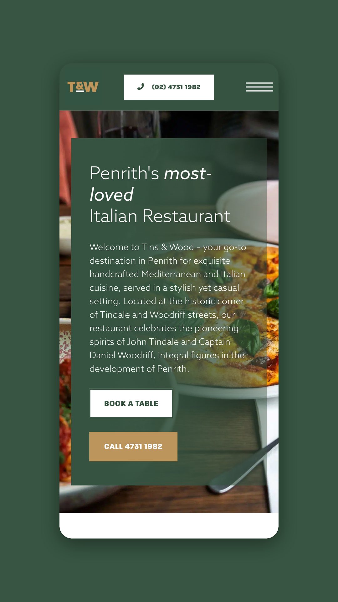 Tins & Wood mobile homepage with booking and call buttons