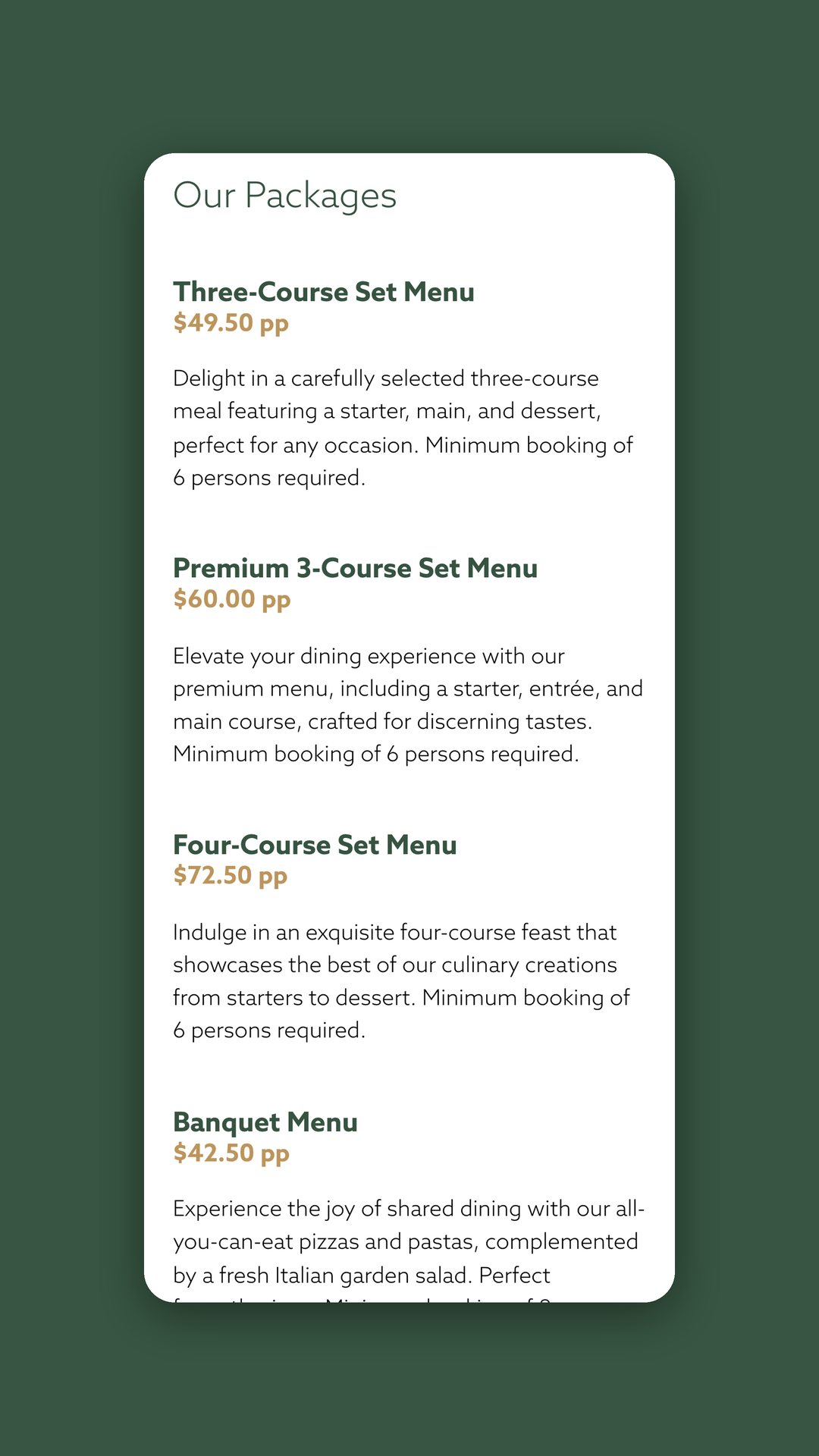 Mobile view of the packages page listing set menus and a banquet menu