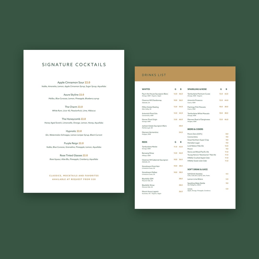 Signature cocktails menu and drinks list