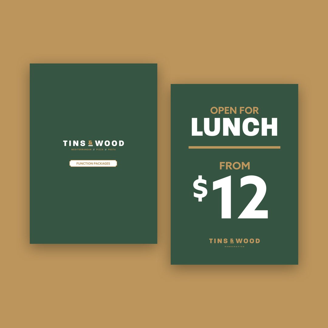 Tins & Wood menu cover beside an Open for Lunch from $12 card