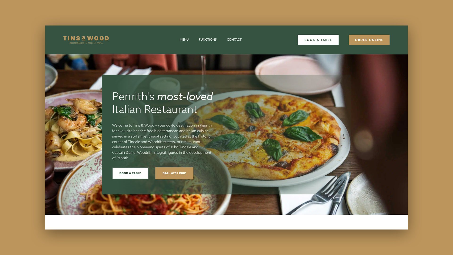 Tins & Wood website homepage with a pizza and pasta photo and Book a Table and Order Online buttons