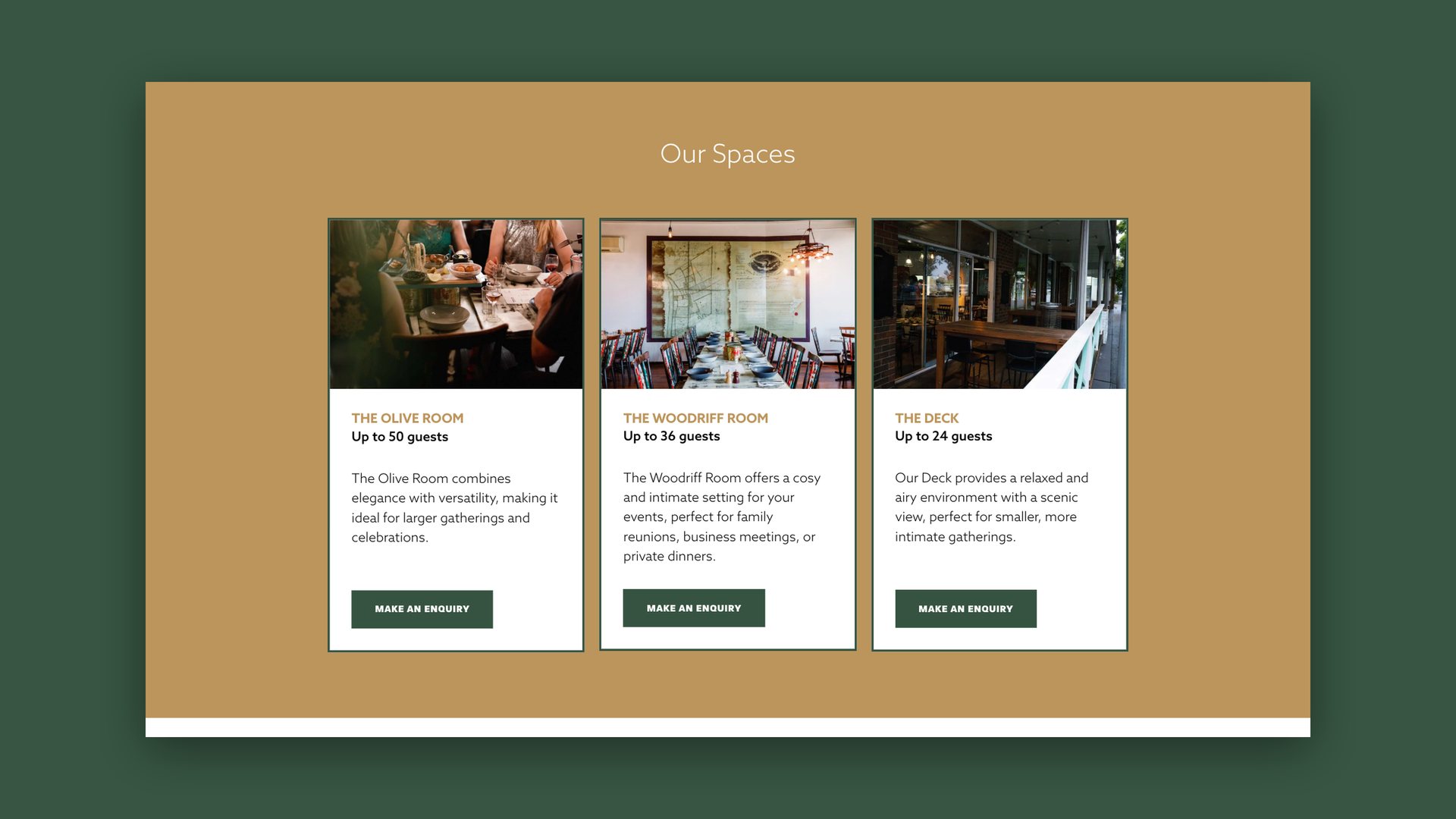 Tins & Wood website Our Spaces section showing the Olive Room, the Woodriff Room and the Deck