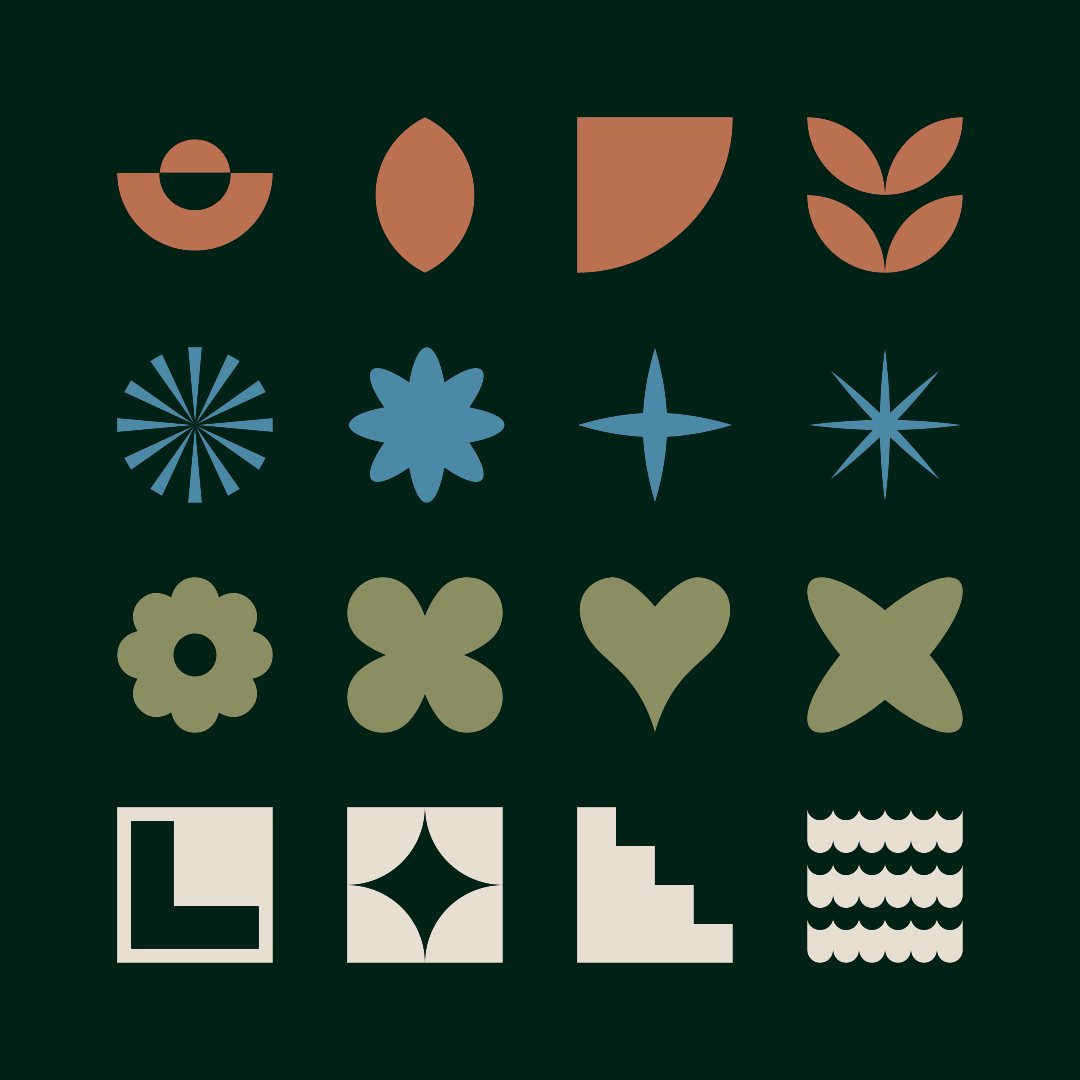 Grid of simple geometric icons in ochre, blue and green on dark green