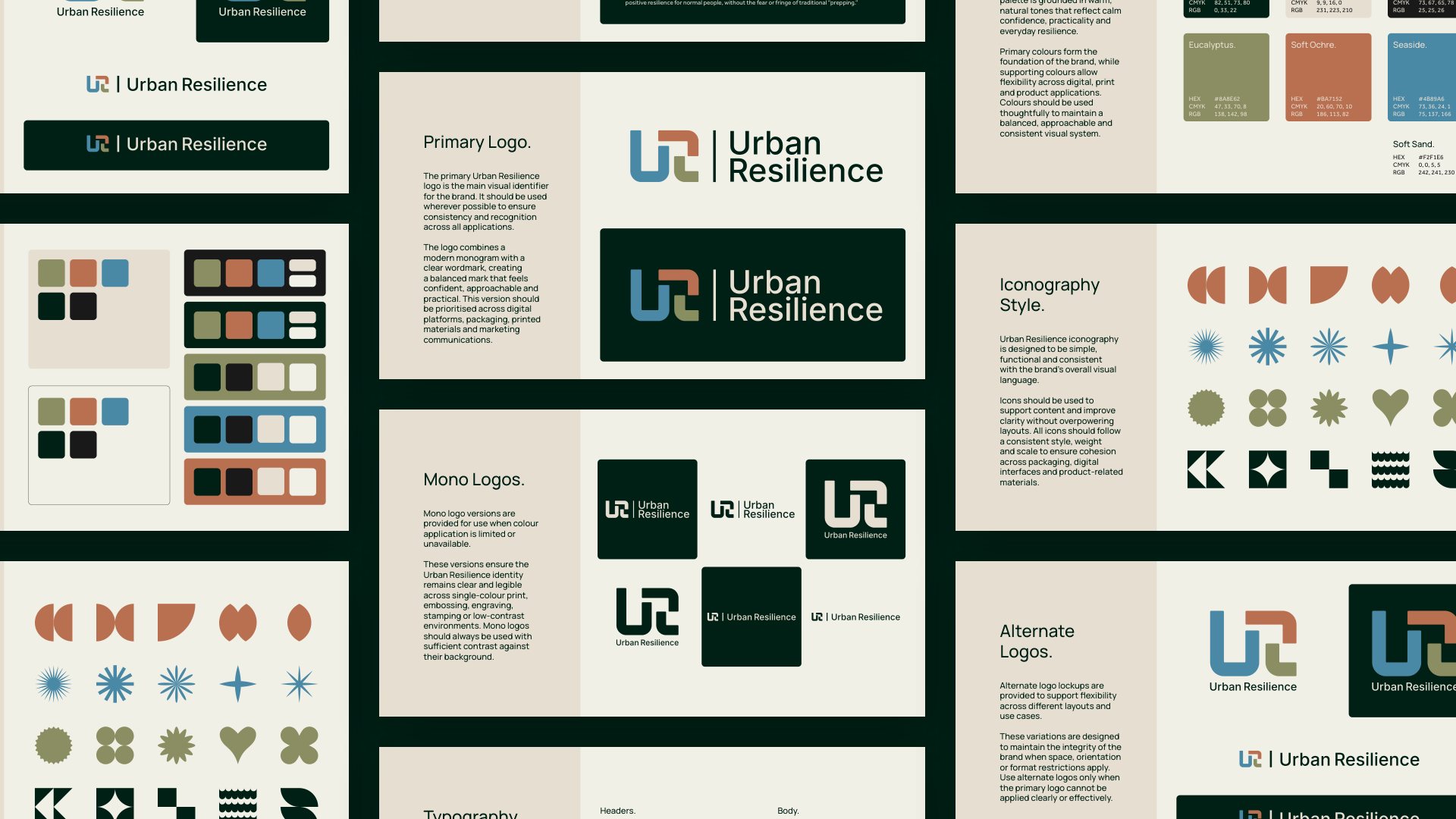 Brand guide spreads with logo versions, icons and colours