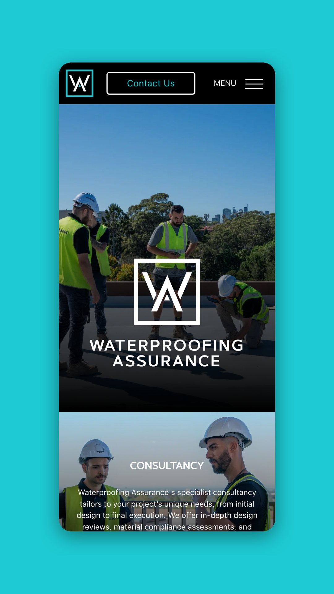 Waterproofing Assurance mobile homepage with workers on site and the logo