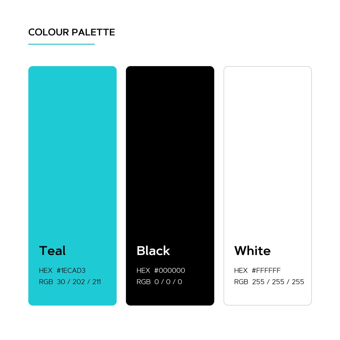 Colour palette of teal, black and white