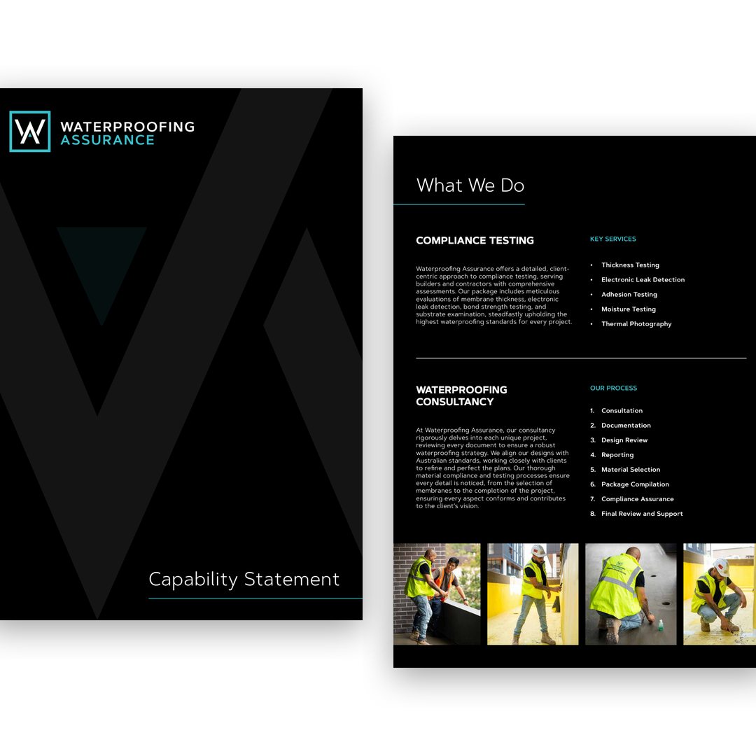 Waterproofing Assurance capability statement cover and What we do page