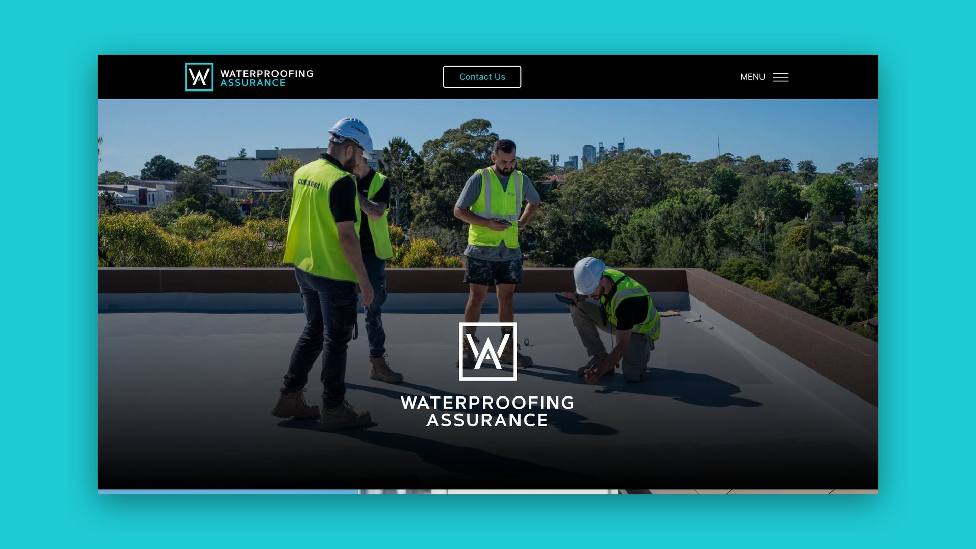 Waterproofing Assurance website, homepage hero with workers on a rooftop